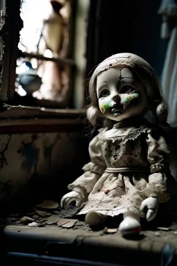 ooking at the camera a high realistic porcelain doll, old, dirty with old dress, sitting on shelf, in background blur cracked window. The figure has cracked face and head, and piercing big black eyes. High contrast, cinematic, thriller, dark, atmospheric. Surreal style , perfect composition, sharp focus, intricate details, crepy stunning