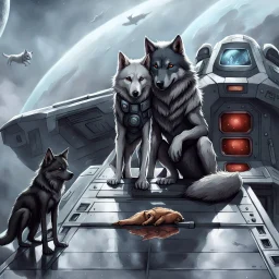 digital art front in picture an of little dark dog like creature stands and looking an anthropomorphic wolf couple sitting on the spaceship's ramp close together, the female wolf sits behind pale gray male wolf and puts one paw on the dark gray wolfman's shoulder, raini day, on ramp a little piece of meat lies down, high contrast, high detalied, high realistic, in background detail of a spaceship is visible. Rain, The atmosphere is a seamless blend of sci-fi and dark fantasy mood, digital art