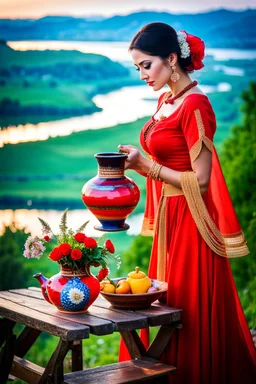 a woman in a red dress holding a vase, creative colorfull - makeup, with professional makeup, hand built ceramics, very very very beautiful face , nice country side with hills ,waterfall over a river with clear water,girls with perfect pretty face in folk costums and a jar, filling their jugs with water and some of them leaving while carring there jugs in there shouldes and 1beautiful girl with jug in shoulder in closeup , very nice mountains at distant, nice clouds in sky ,wide green field with