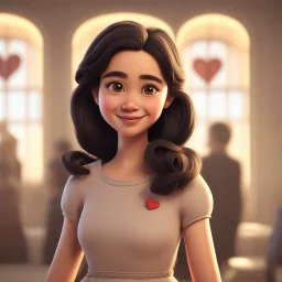 a portrait of smiling girl. carricature. cute. adorable. black hair. medium wavy hair. fair skin. dark brown eye pupils. small nose. heart face shape. smart casual dress. pixar style. 3D. 4k. portrait. highly detailed. sharp focus. high resolution. full color. cinema lighting