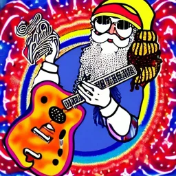 hippie Santa playing electric guitar psychedelic peace sign, MUSHROOMS, TRIPPY, ACID, LSD, dreadlocks