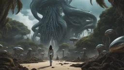 Wide-angle shot of a woman, standing on the right on an alien beach, with dark hair in a silver robotic catsuit, many floating aliens with long tentacles, alien jungle trees in the distance detailed matte painting, deep colour