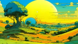 A midday sun landscape moebius style