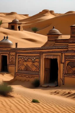 Mud houses in the desert with beautiful paintings