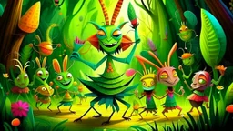 fantasy cartoon style illustration: At the forest carnival, the grasshopper's radiant and vibrant costume amazed all the others woodland animals!