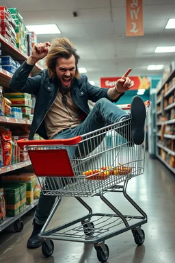 A very angry and bitter punk rocker kicking a shopping cart in a store