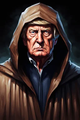 Illustration {Trump, villager, brown hair}, realism, realistic, semi-realistic, fantasy hooded face hidden dimly lit with a rat on his shoulder dirty worn robes