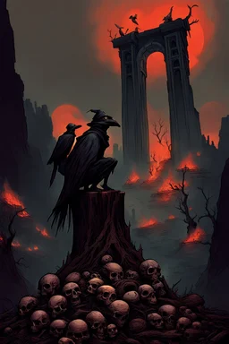 a weird bird-man creature in dark hooded and hat sitting on top of a tree stump, pile of skulls under his feet, under in valley a ruins city with fires and ash and bones, dark deep colors, style by Vincent Lefevre, El Kazovszkij, and Lovecraft , black raven sitting on his shoulder, dark dream of the end the world, in the background floating a tall dark magic gate into after-life, surreal weird art, cinematic