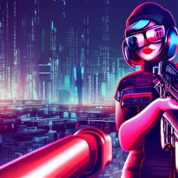 girl pointing gun, cute, metal skin, neon eyes, red lips, on her keen, menacing, cyberpunk city in background, cinematic, imax