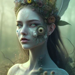 Portrait of beautiful girl, face dept of field,face shining, plant, metal, feathers, Dryad, fae, sidhe, ominous, nature, plants, wildflower flare, facepaint, dnd character portrait, intricate, oil on canvas, masterpiece, expert, insanely detailed, 4k resolution, retroanime style, cute big circular reflective eyes, cinematic smooth, intricate detail , soft smooth lighting, soft pastel colors, painted Renaissance style,sharp fucus, bokeh,macro lens, 1500mm lens