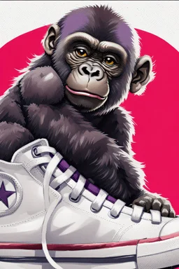 a profile picture of a small gorilla sitting in a purple Converse sneaker, like it's a car, comic style