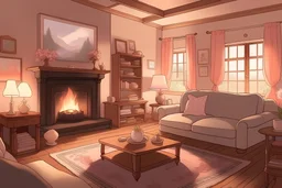 Craft a warm living room with a fireplace, family photos, and soft, pastel hues. Include subtle horror elements, such as flickering lights casting eerie shadows, family photos with faces that distort at times, or a painting that gradually changes over time. anime visual novel style