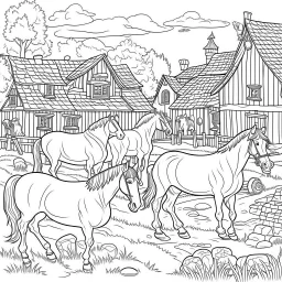 oloring book for kids, no colors, horses in village