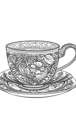 Outline art for coloring page, STYLISH TEACUP WITH SAUCER, coloring page, white background, Sketch style, only use outline, clean line art, white background, no shadows, no shading, no color, clear