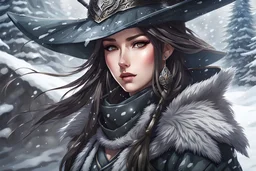 Beautiful girl in 8k anime realistic drawing style, ronin custom, kindred mask, close picture, snow, apocalypse, intricate details, highly detailed, high details, detailed portrait, masterpiece,ultra detailed, ultra quality