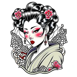 Tatto design Neotraditional style , japanese Geisha, white background, tatto style,