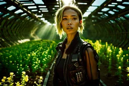 Unground solar punk tunnels, cinematic, dof background a, dystopian, sci-fi, award winning, Yui in a garden, National Geographic, breath taking, oxygen farm but outside is a desert, fantasy, magical