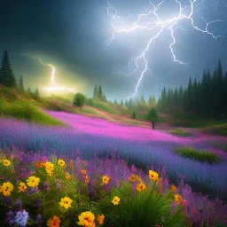 flowery landscape with a bright beautiful fairy, soft pastel colors, soft lightning