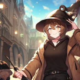 Clear focus, High resolution, short brown spiky hair, hair between eyes, eyes closed, wearing a brown detective hat, wearing a brown jacket and a black shirt, wearing black shorts, 1girl, pulling hat down, smiling, wearing a oversized hoodie