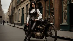 full-height portrait of a woman with straight shoulder-length black hair, with metal arms and legs, dressed in leather trousers, and a waistcoat, in a Victorian street next to a steampunk bike