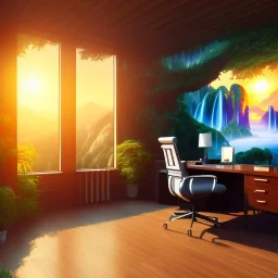 old wood sober house, large desk, parquet, sheet of paper, little pen, office chair in front of a huge picture window with large view on a waterfall with warm light, sunset ,photorealistic, detail, panorama, nature, globe, 8K, Hallelujah mountains, view first person