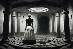 realistid 4 k the maid stands poised with a slender, elegant posture, clad in her traditional black-and-white uniform.From the perspective looking up from the bottom of an empty well, surreal horror art,