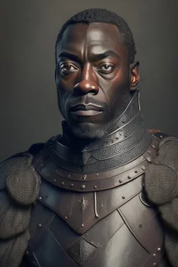 Portrait of a black man, fifty years, wearing a leather armor