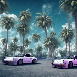 1980's aesthetic vaporwave palm trees and spheres and Porsche with lightning