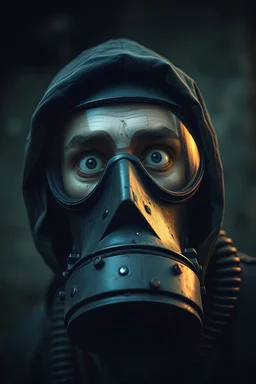 detailed scared man in a damaged gas mask in a apociliptic world