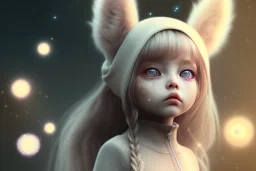 Little girl cutest AND softest creature in the world| large doll like eyes| supernatural and otherworldly| highly detailed vibrant fur| magical glowing trails| light dust| aesthetic| cinematic lighting| bokeh effect| mdjrny-v4 style