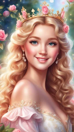 Adorable digital painting of a beautiful girl in a gorgeous elegant wedding dress, portrait of Princess Aurora, sparkling crown, front view, beautiful smile, shiny golden curly hair, angel eyes, beautiful face, rosy cheeks, pink lips, Aurora's face, digital art, surrounded by garden and roses in the background, romantic style, dream world, high quality, 4k