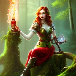 romantic fantasy spray painting, portrait of cute smiling green eyed red head robed bard poet with cute ornament,sitting on a branch, loosing torch in magical forest by waterfall