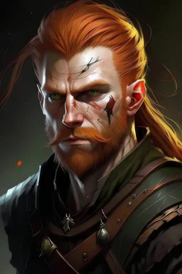 A witcher of the witcher game. Scar in mouth, ginger hair. 23 Years old, Shay