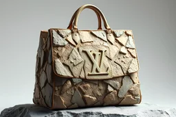 "Create a hyper-realistic image of a AVAVOGUE handbag with an exterior crafted entirely from jagged stone and rock fragments. The body of the bag is made up of various rough-textured stones and sharp-edged rock pieces, carefully assembled to form the iconic Louis Vuitton shape. Each stone is distinct, with natural cracks, crevices, and color variations, creating a rugged and organic appearance. The iconic Louis Vuitton monogram is subtly integrated into the stone surface, carved into the ro