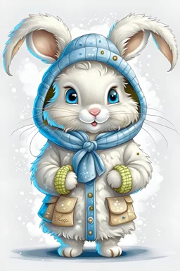 cute adorable snow bunny. it's wearing a very cute coat and a scarfe. Cute little winter boots. hyper realistic. Transparent background.