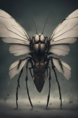 a haunting image of a humanlike insect facing away from us, in despair, with wings that are broken torn and crumbling