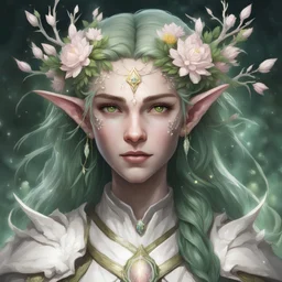 Generate a dungeons and dragons character portrait of the face of a female spring Eladrin. She is a circle of the Stars Druid, Twilight Cleric. Her hair is off-white and voluminous. Her skin is very pale. Her eyes are green. She wears a dainty circlet made of silver coated branches with pink, white, and yellow flowers.