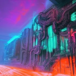 Giger Style Corrupted dystopia Neon Blue and Purple winter with orange reflections