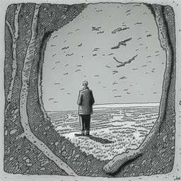 a alone man. pen and ink ,birds eye view, illustrated by hergé, Background space