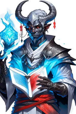 En Young male black skin tiefling fra dnd holding a book with Arcane Magic in a silver and White Rope. His horn a perfectly place on acet from the front to the back pointing upwards with glowing Red cat Eyes glowing Blue Arcane Magic around them ice crystals flowing around him