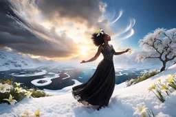 The camera zooms in, focusing sharply on very beautiful black godus girl with make up Lily wearing pretty dress as she dances gracefully in the same romantic environment with flowers and sky with nice clouds. Her joy and youth are presented against the backdrop of the surreal surroundings.a snow covered tree sitting on top of a snow covered slope, detailed swirling water tornado, national geographic footage, inspired by Sim Sa-jeong, by Huang Tingjian, still from a 2015 pixar movie, infrared ca