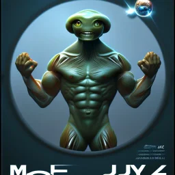 short sighted,muscular alien holding up hands, movie poster