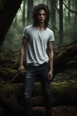 thin 17 year old male with dark tangled and knotty hair and blue eyes wearing a ripped and dirty white teeshirt, in a forest , photorealistic, 4k, dark fantasy