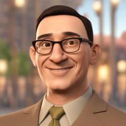 a portrait of smiling a man. around 40years old. carricature. dark black hair. short hair. light brown skin. dark brown eye pupils. wearing small rectangle, thin frame glasses. square face shape. formal dress. pixar style. 3D. 4k. portrait. highly detailed. sharp focus. high resolution. full color. cinema lighting