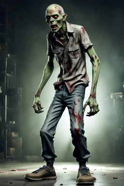 In a sleek, industrial studio setting, a photorealistic 12k ultra-high-definition rendering of a zombie model is captured in a mysterious pose. The zombie, adorned in a shirt made from elephant skin, pants are short ripped skinny pants, shoes are Crocs from elephant skin, thick soles with rollerblades,exudes a sinister aura under the studio's dark and mysterious lighting, creating an unsettling juxtaposition of the undead and the avant-garde."