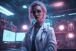 Looking into the camera, Close-up of a strong and arrogant female doctor in her laboratory, hyperrealistic 16k, 3d rendering, expressively detailed, dynamic light, Cyberpunk, steampunk, neon lighting