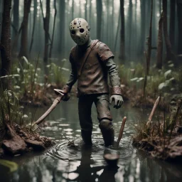 "CLAYMATION”, sinister clay Jason Vorhees in a hockey mask standing knee deep in a swamp with a machete, creepy, spooky, sinister, clay figures, clay scenery, clay sculpture, 16k resolution, claymation movie still, "Friday the 13th" movie aesthetic, Studio Laika, wide-angle lens