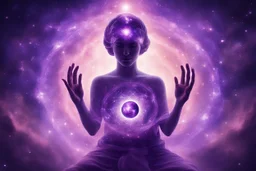 kundalini, connected to the universe, purple galaxy, holding universes in hands