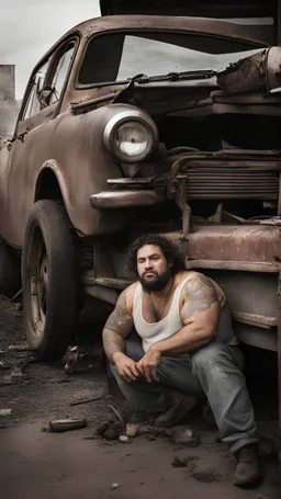 photography of a dirty burly chubby gipsy manly man serious repairing a car, , 36 years old, beefy, ugly , dirty curly hair, sweat, tattoo, with completely broken cotton pants, bulge, beard , angry eyes, bare-chested, huge belly, in industrial area, photorealistic, side light, view angle from low , ambient occlusion