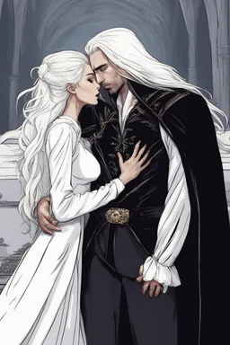 Strahd Von Zarovich being kissed by a beautiful woman with white hair, wearing an off the shoulder dress. Settling and background are a lavish toomb with an ebony coffin.